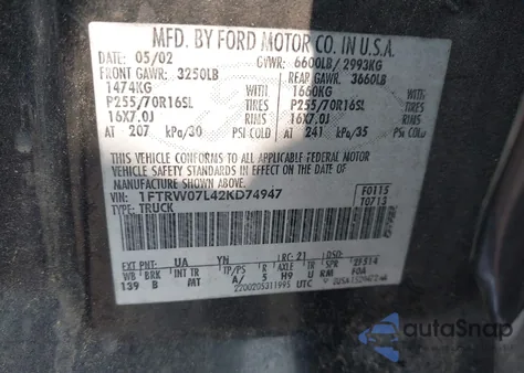 2002 Ford F-150 Lariat/Xlt z USA, uszkodzony, nr VIN 1FTRW07L42KD74947